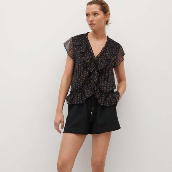 MANGO Black & Yellow Floral Ruffled Mock WrapTop. Size XS NWT - Picture 3 of 13